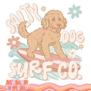 May include: A cartoon illustration of a light brown dog surfing on a surfboard with the text "Salty Dog Surf Co." in pink and white. The dog is wearing a happy expression and has its tongue sticking out. The background is a light blue and white watercolor wash with pink and white flowers.