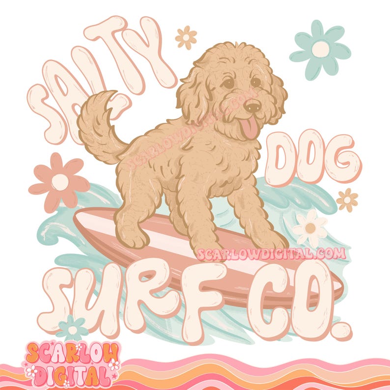 May include: A cartoon illustration of a light brown dog surfing on a surfboard with the text "Salty Dog Surf Co." in pink and white. The dog is wearing a happy expression and has its tongue sticking out. The background is a light blue and white watercolor wash with pink and white flowers.