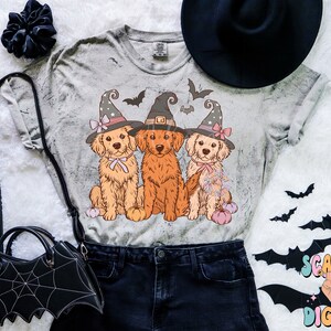 K&ouml;nnte beinhalten: Ein graues T-Shirt mit einem Used-Look zeigt drei Golden Retriever, die Hexenh&uuml;te tragen und K&uuml;rbisse halten. Das Shirt liegt auf einer wei&szlig;en Oberfl&auml;che mit einem schwarzen Hut und einer schwarzen Handtasche mit Spinnennetz-Design.