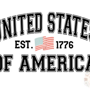 May include: Black and white graphic design with the text "UNITED STATES OF AMERICA" in a bold, blocky font. The text "EST. 1776" is below the main text, and a small American flag is to the left of the date.