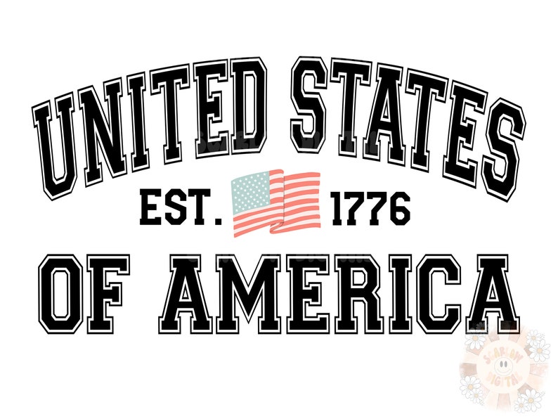 May include: Black and white graphic design with the text "UNITED STATES OF AMERICA" in a bold, blocky font. The text "EST. 1776" is below the main text, and a small American flag is to the left of the date.