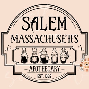 Może przedstawiać: Czarno-biała ilustracja vintage znaku apteki z tekstem "Salem Massachusetts - Apothecary - Est. 1692". Na znaku znajduje się pięć butelek ze korkami i etykietami.