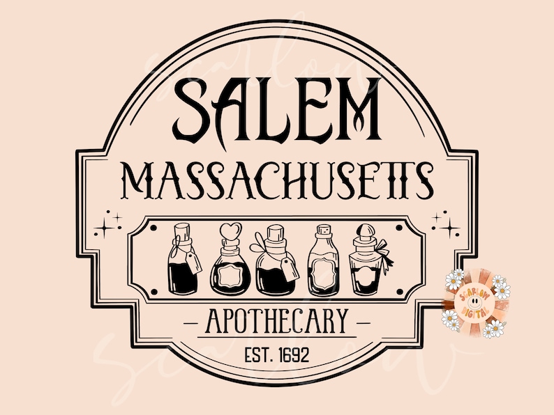 Może przedstawiać: Czarno-biała ilustracja vintage znaku apteki z tekstem "Salem Massachusetts - Apothecary - Est. 1692". Na znaku znajduje się pięć butelek ze korkami i etykietami.