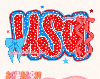 USA with Bows PNG Digital Design, fourth of july png, July 4th png, America png, coquette png, red white and blue png, united states png