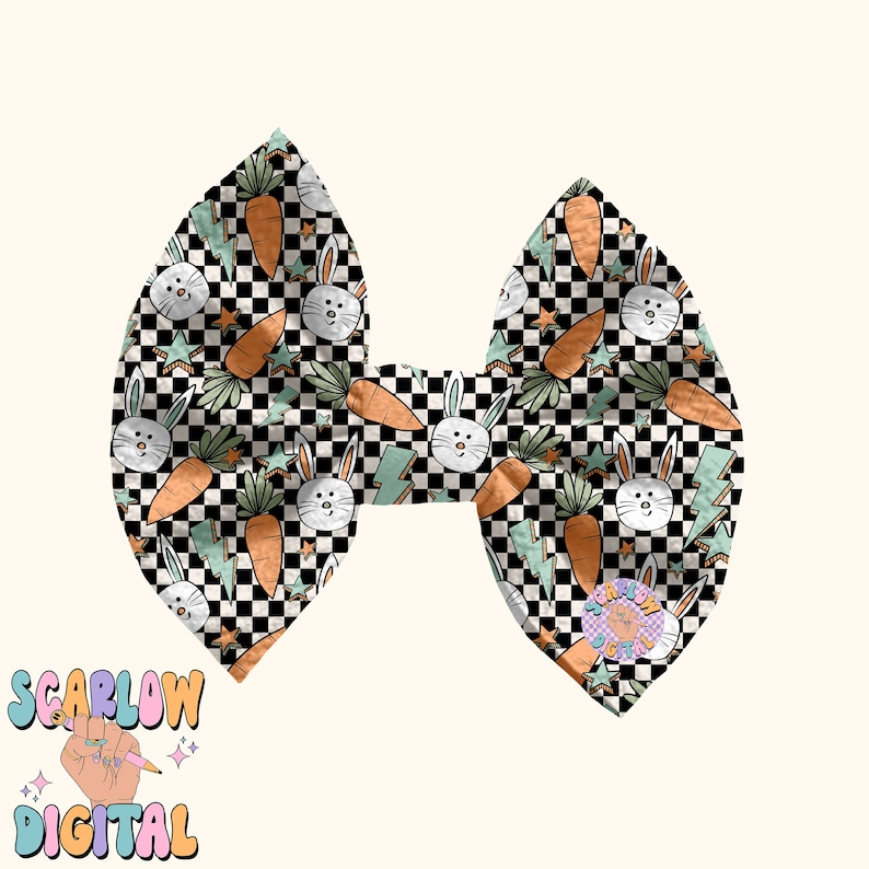 May include: A black and white checkered bow with a green, orange, and white bunny and carrot pattern. The bow is made of fabric and has a shiny finish.