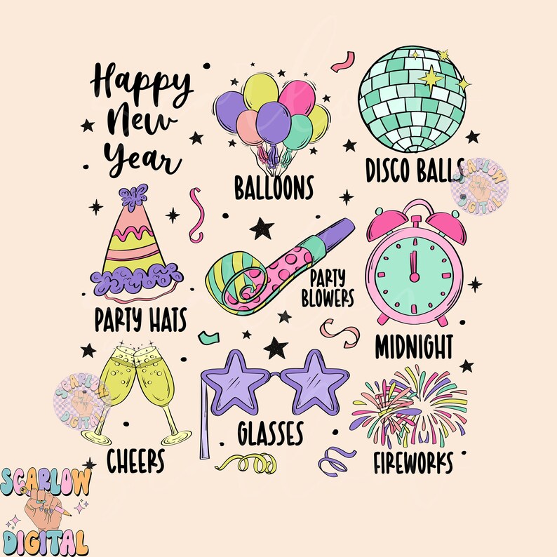 Może przedstawiać: Zestaw kolorowych ilustracji na imprezę sylwestrową, w tym czapki imprezowe, balony, kule dyskotekowe, gwizdki imprezowe, okulary, fajerwerki i zegar pokazujący p&oacute;łnoc. Zawiera r&oacute;wnież tekst "Happy New Year".