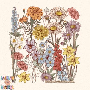 May include: A vintage style illustration of a bouquet of flowers in various colors, including yellow, orange, red, blue, and purple. The flowers are drawn in a detailed and realistic style, with intricate details on the petals and leaves.