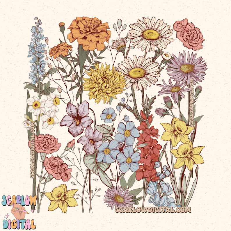 May include: A vintage style illustration of a bouquet of flowers in various colors, including yellow, orange, red, blue, and purple. The flowers are drawn in a detailed and realistic style, with intricate details on the petals and leaves.