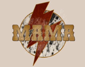 May include: A gold "MAMA" graphic with a red and brown lightning bolt design on a white and black cowhide background.