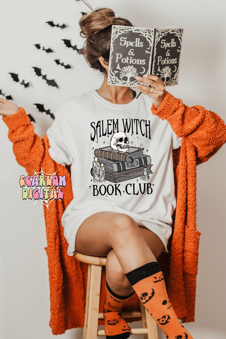 Salem Witch Book Club PNG-Halloween Sublimation Digital Design Download-book reader png, spell book png, spooky season png, witchcraft png image 6