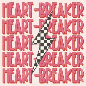 Può includere: Testo grafico rosa che recita "HEART-BREAKER" cinque volte con un grafico di fulmine a scacchi bianco e nero al centro.