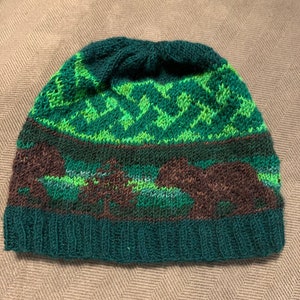 May include: A green knitted beanie with a brown bear and pine tree design. The beanie has a green and lime green pattern.