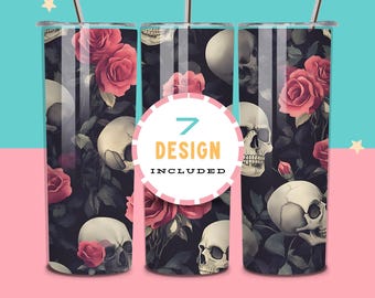 Skull Tumbler Wrap Bundle 20 oz Tumbler Sublimation Designs Tumbler wrap Skull and Roses Straight Tumbler PNG