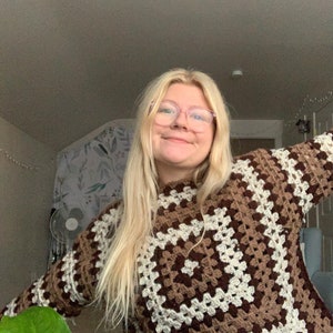 CUSTOM Hand-Crocheted Granny Square, Long Sleeve, Bow Neck Sweater