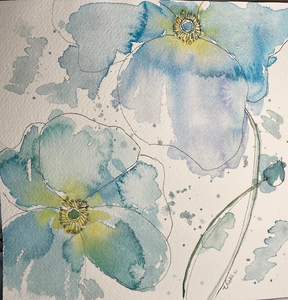 Modern Blue Floral Ink Sketch original watercolor
