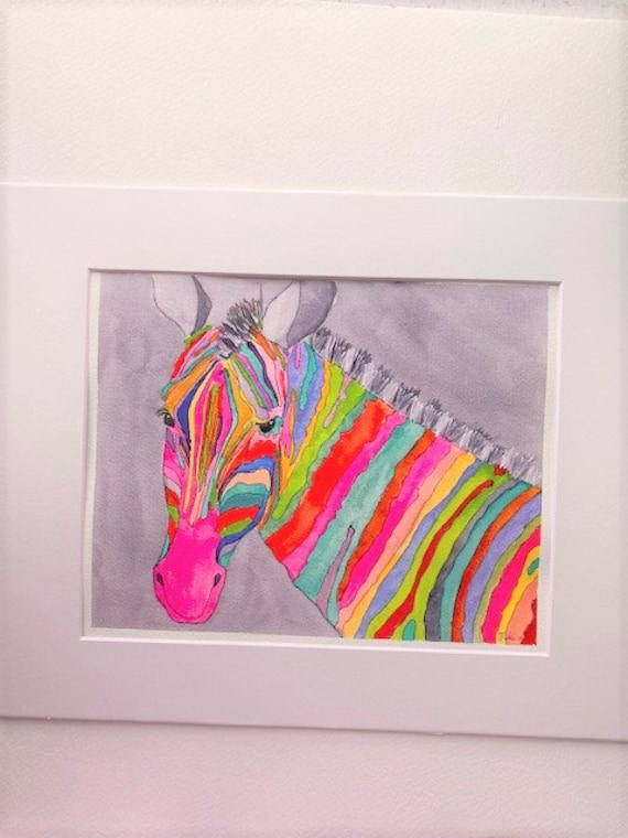 Rainbow Zebra Original Watercolor, Matted and Ready to frame