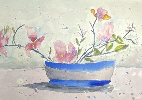 Abstract Flowers in Blue Bowl original watercolor