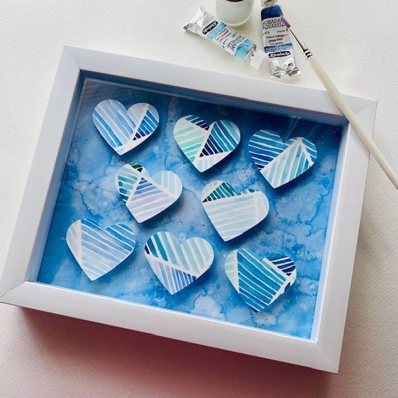 Blue Shadowbox Hearts from an Original Abstract Watercolor