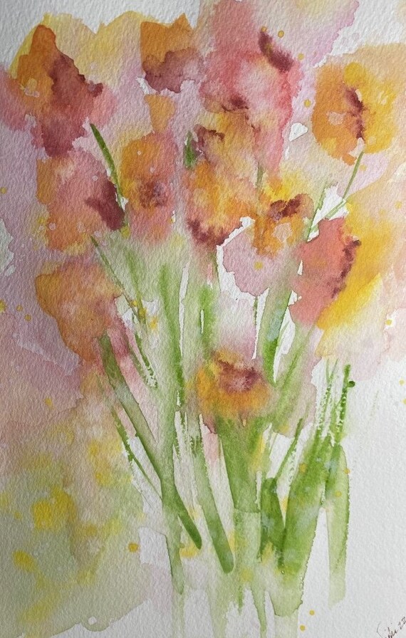 Yellow Abstract Flowers original watercolor