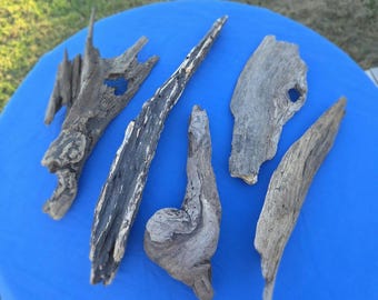May include: Five pieces of weathered driftwood with varied textures and shapes. The collection includes a long, slender dark branch, a flat piece with a small hole, and three gnarled, greyish-brown wooden fragments with organic, irregular contours.