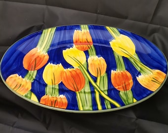 Large, oval, beautiful, colorful ceramic bowl, painted with tulips, size approx. 49 /34 cm