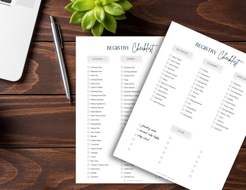 May include: A checklist for a wedding registry with categories for kitchen, dining, bathroom, cleaning, home decor, and other. The checklist is printed on white paper with a light grey background.