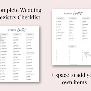 May include: A printable wedding registry checklist with categories for kitchen, dining, bedroom, bathroom, cleaning, home decor, and recreational items. The checklist includes a space to add your own items.