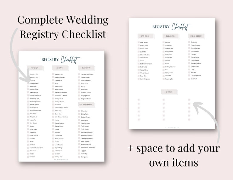 May include: A printable wedding registry checklist with categories for kitchen, dining, bedroom, bathroom, cleaning, home decor, and recreational items. The checklist includes a space to add your own items.