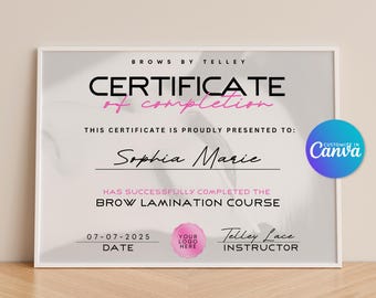 Abschlusszertifikat, Zertifikatvorlage, Brow-Zertifikat, Makeup-Zertifikat, bearbeitbares Zertifikat, Canva-Zertifikat
