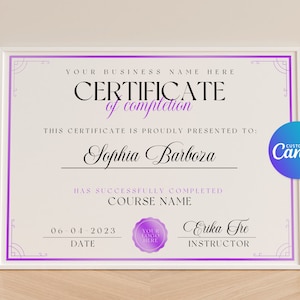 Zertifikat Vorlage Lila, Abschlusszertifikat, Beauty-Course Zertifikat, DIY Zertifikat, Canva Zertifikat, bedruckbar