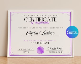Zertifikat Vorlage Lila, Abschlusszertifikat, Beauty-Course Zertifikat, DIY Zertifikat, Canva Zertifikat, bedruckbar