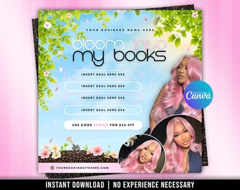 Folleto de reservas de primavera (marzo, abril, mayo y junio), plantilla de rebajas de primavera, folleto de peluquería, maquillaje, pestañas, pelucas, depilación, uñas, trenzas, Canva editable