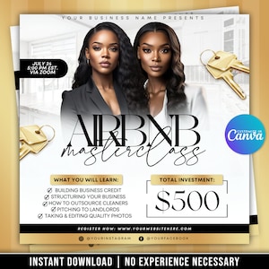 Airbnb Masterclass DIY Flyer, Gold White and Black Airbnb Course Flyer Template, Financial Template, Canva Template, DIY Flyer, Editable