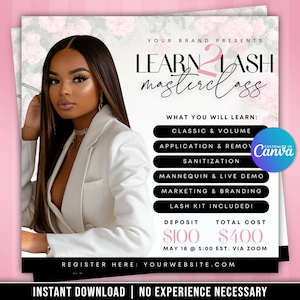 Lash Masterclass Flyer, Lash Course Template, Lash Class Flyer, Business Class Flyer, Beauty Course Flyer, Lashes Canva Template