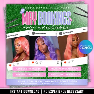 Könnte beinhalten: Eine Social-Media-Grafik, die Haarflechtdienste bewirbt. Die Grafik zeigt drei Frauen mit verschiedenen Haarverlängerungen. Der Text lautet "MAY BOOKINGS now available" und enthält Preise für verschiedene Haarflechtdienste. Die Grafik enthält auch Social-Media-Handles und eine Website-Adresse.