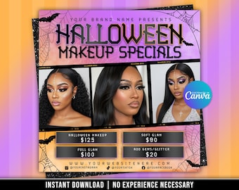 May include: A promotional graphic for Halloween makeup offers. The design features three women with elaborate makeup, the text "HALLOWEEN MAKEUP SPECIALS", and pricing details. Includes social media handles and the phrase "INSTANT DOWNLOAD | NO EXPERIENCE NECESSARY".