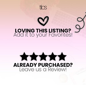 Puede incluir: Un gr&aacute;fico con el texto "LOVING THIS LISTING? Add it to your Favorites!" y "ALREADY PURCHASED? Leave us a Review!" con cinco estrellas negras entre el texto.