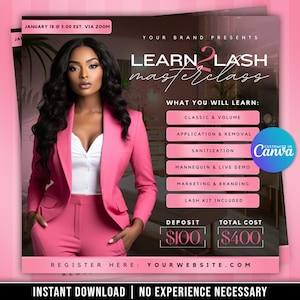 Lash Masterclass Flyer, Lash Course Template, Lash Class Flyer, Business Class Flyer, Beauty Course Flyer, Lashes Canva Template