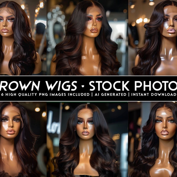 Wigs Stock Photo Bundle, 6 Brown Lace Front Stock Photos, AI Generated Body Wave Wig Mannequin Stock Photos, Instant Download