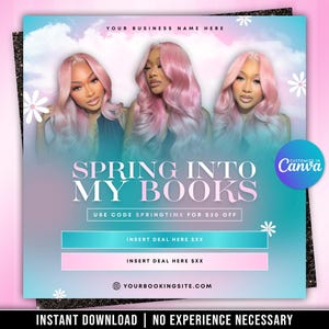 Puede incluir: Gr&aacute;fico promocional con tres mujeres con cabello rosado. Se muestra el texto "SPRING INTO MY BOOKS", junto con la oferta "USE CODE SPRINGTIME PARA 28&euro; DE DESCUENTO". El dise&ntilde;o est&aacute; sobre un fondo degradado con un logotipo de Canva.