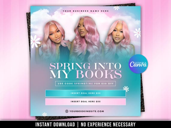 Spring Booking Flyer, April Booking Flyer, May, Spring Sale Template, Hair Flyer, Makeup, Lashes, Wig, Waxing, Nails, Braids, Canva Editable