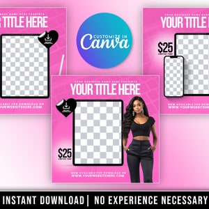 Könnte beinhalten: Drei rosa Social-Media-Vorlagen mit einem schwarz-weiß karierten Telefon-Mockup, einem schwarzen Herzen mit einem Download-Pfeil und dem Text "YOUR TITLE HERE". Die mittlere Vorlage zeigt eine Frau mit langen schwarzen Haaren, die ein schwarzes Crop-Top und eine schwarze Hose trägt. Der Text "$25 LIMITED TIME" ist ebenfalls auf den Vorlagen enthalten.