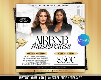 Folleto para la Masterclass de Airbnb, plantilla del curso en dorado, blanco y negro (editable en Canvas)