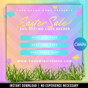 Puede incluir: Un fondo degradado rosa y azul con un patr&oacute;n de diamantes blancos. El texto "YOUR BRAND NAME PRESENTS Easter Sale! 25% OFF! NO CODE NEEDED" est&aacute; en letras doradas. Hay tres botones que dicen "DEAL ONE HERE", "DEAL TWO HERE", y "DEAL THREE HERE". El texto "WWW.YOURWEBSITEHERE.COM" est&aacute; en letras negras. El texto "INSTANT DOWNLOAD | NO EXPERIENCE NECESSARY" est&aacute; en letras negras. Hay un borde de hierba verde alrededor de la imagen.