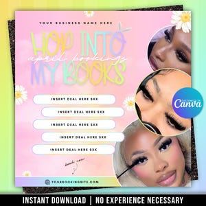 May include: A promotional graphic with a pink and purple gradient background. The text "HOP INTO MY BOOKS" is in a colorful, playful font. The image includes three close-up photos of eyes with long eyelashes and a woman applying mascara. The graphic promotes April bookings.