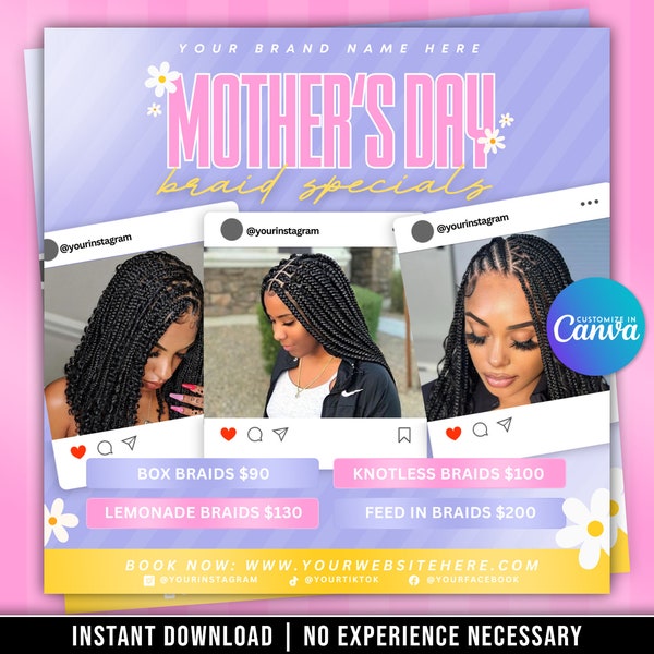 Mothers Day Braids Flyer, Mothers Day Braiding Flyer, Braid Sale Flyer, Braider Flyer, Braid Specials Flyer