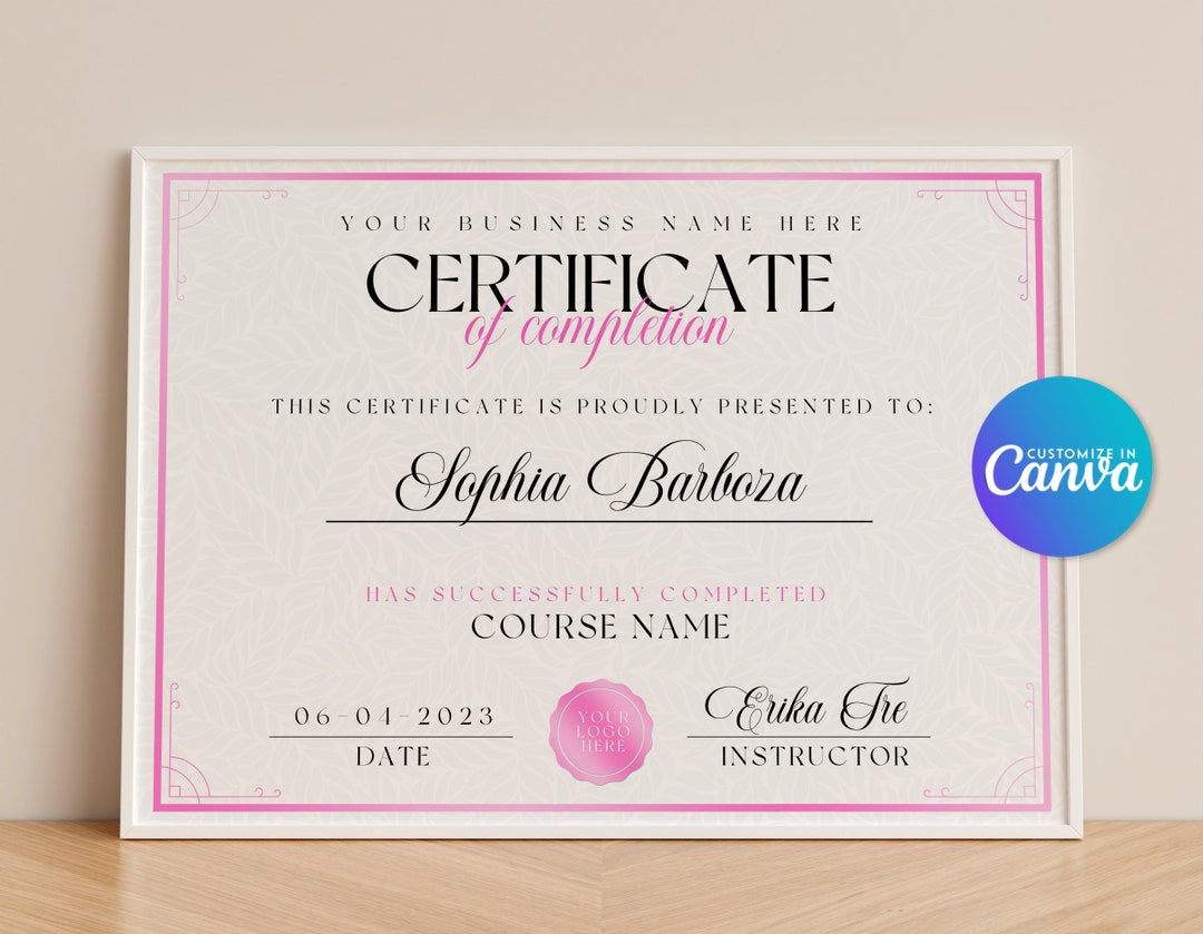 Pink Certificate of Completion Template, Editable Canva Design - Etsy