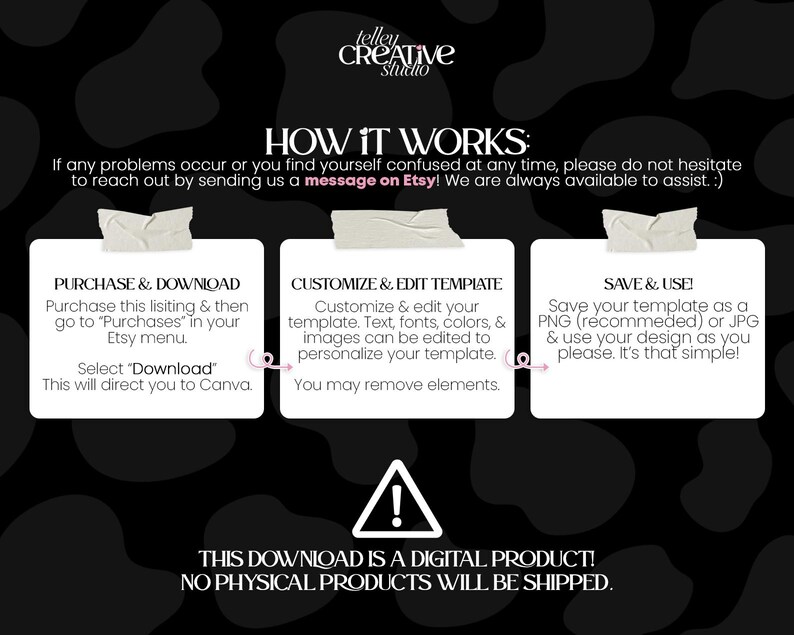 Puede incluir: Gr&aacute;fico en blanco y negro que explica c&oacute;mo utilizar un producto digital. El texto detalla los pasos para comprar, personalizar y guardar una plantilla. La imagen incluye el texto "THIS DOWNLOAD IS A DIGITAL PRODUCT! NO PHYSICAL PRODUCTS WILL BE SHIPPED."