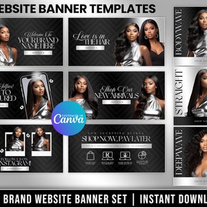 Può includere: Sei modelli di banner per sito web per un marchio di capelli. I banner presentano motivi a chevron bianco e nero, uno sfondo nero e immagini di donne con diversi stili di capelli. Il testo sui banner include "Benvenuti al tuo marchio", "L'amore è nei capelli", "Amiamo i selfie! Taggaci per essere in evidenza", "Acquista i nostri nuovi arrivi", "Ora accettiamo Klarna Acquista ora. Paga dopo", "Seguici su Instagram", "Bodywave", "Liscio", e "Onda profonda".