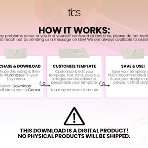 Puede incluir: Un gr&aacute;fico con tres pasos sobre c&oacute;mo comprar, personalizar y guardar una plantilla digital. El texto dice "Comprar y descargar", "Personalizar plantilla" y "&iexcl;Guardar y usar!" El gr&aacute;fico tambi&eacute;n incluye una advertencia que dice "&iexcl;Esta descarga es un producto digital! No se enviar&aacute;n productos f&iacute;sicos."